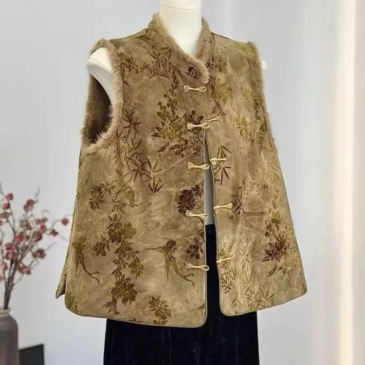 新款秋冬立领中式国风盘扣马甲时尚气质坎肩复古高级感毛领边马夹