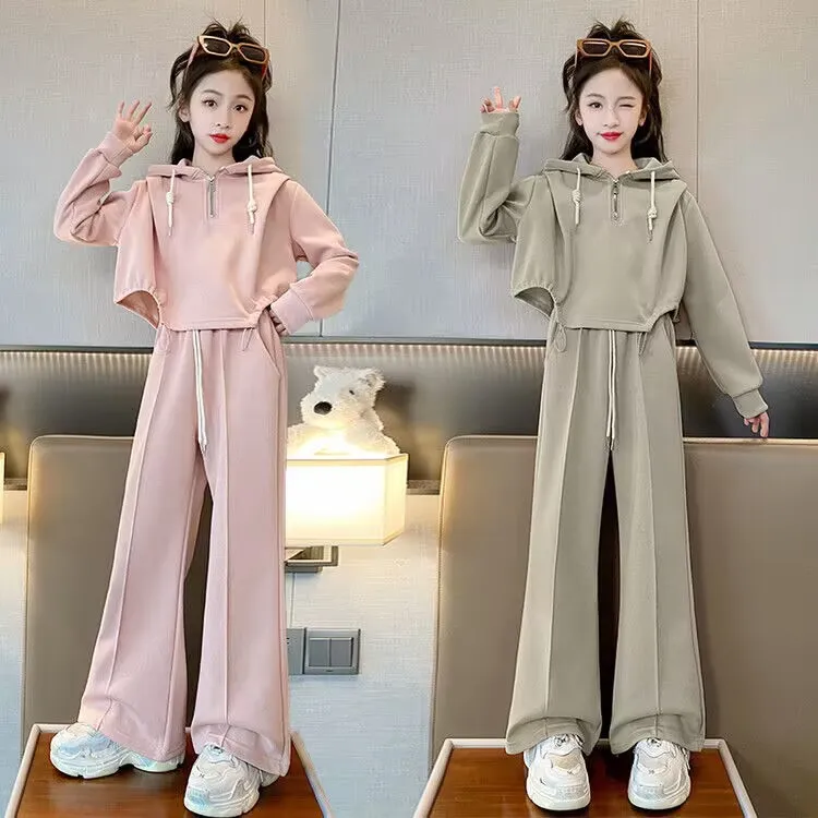 女童韩版洋气卫衣秋装中大童2024秋季新款阔腿裤纯色连帽卫衣套装