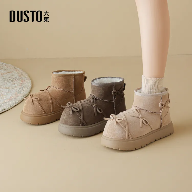 大东女鞋蝴蝶结雪地靴2025冬季新款时尚可爱加绒保暖短筒棉靴0205