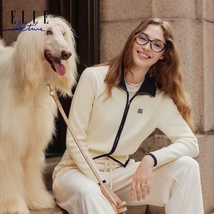 ELLE Active撞色针织开衫女款秋季时尚翻领双拉链休闲上衣老钱风
