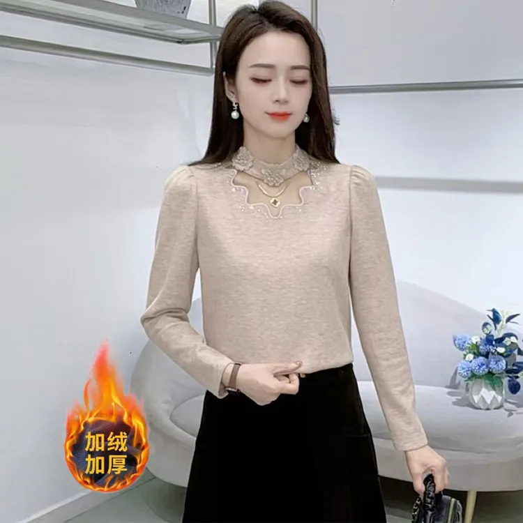 加绒加厚花边拼接镂空打底衫女2025冬季新款洋气质半高领内搭上衣