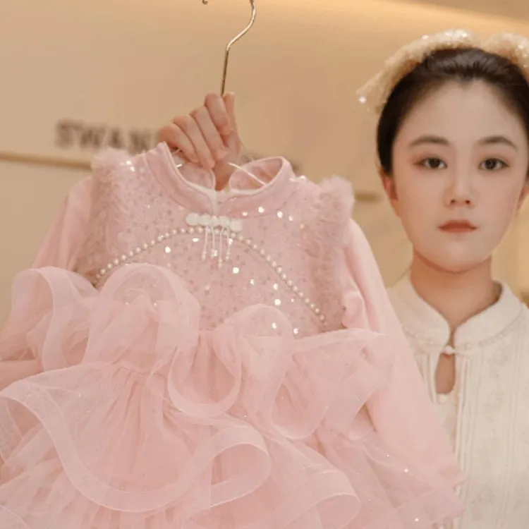 FAVMARTHA女童旗袍蓬蓬纱裙春秋新款加绒蛋糕裙花童连衣裙女孩礼