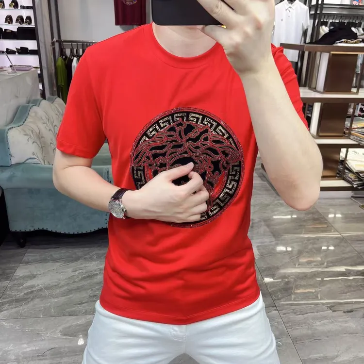 百搭夏季新款短袖T恤男重工短袖硅胶转印烫钻半袖欧货轻奢男装潮
