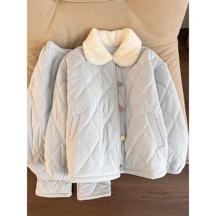 甜美少女三层夹棉睡衣女2025冬季新款加绒加厚棉服家居服套装大码