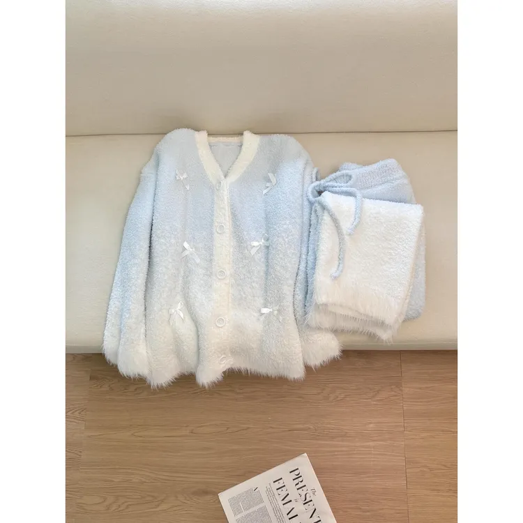 秋冬新款蝴蝶结半边绒渐变加绒加睡衣女甜美毛绒厚保暖家居服套装