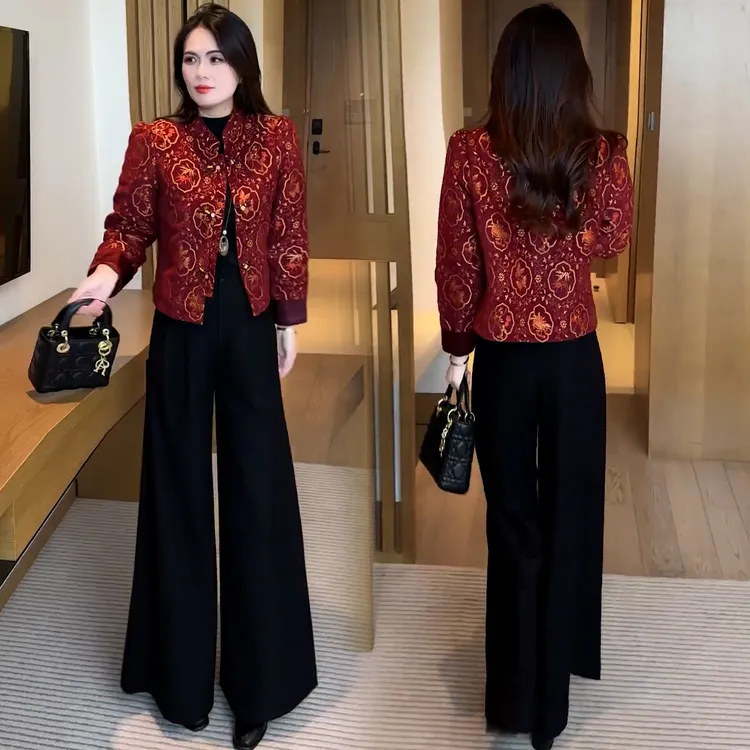 新中式国风夹棉外套女2025冬季新款显瘦减龄百搭提花盘扣保暖棉袄