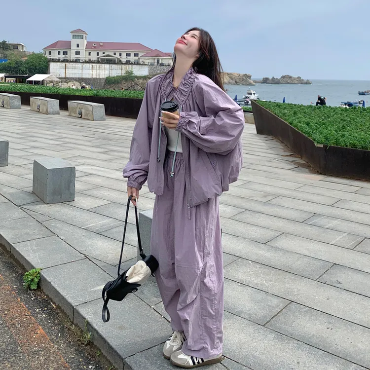 超显白烟雾紫冲锋衣套装裤2025春秋新款抽褶花苞立领工装风两件套