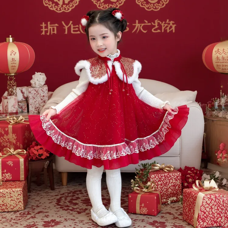 女童国风加绒兔耳朵亮片礼服背心裙毛衣打底儿童喜庆过年公主纱裙