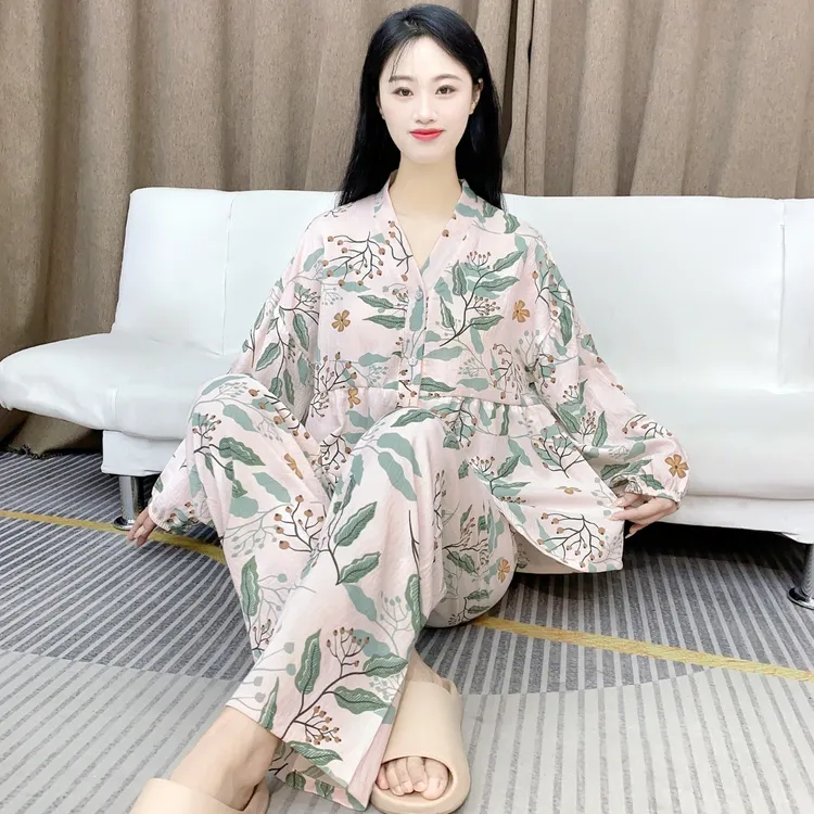  睡衣女秋纯云朵棉纱长袖大码韩版V领不带胸垫外穿2025新款家居服