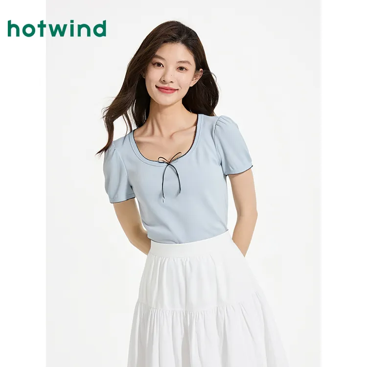 热风2025年夏季新款蝴蝶结短T大U领多巴胺显瘦T恤小衫F01W256101