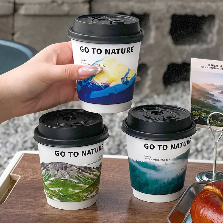 2025新款一次性咖啡杯子带盖食品级外出携带商用奶茶热饮纸杯定制