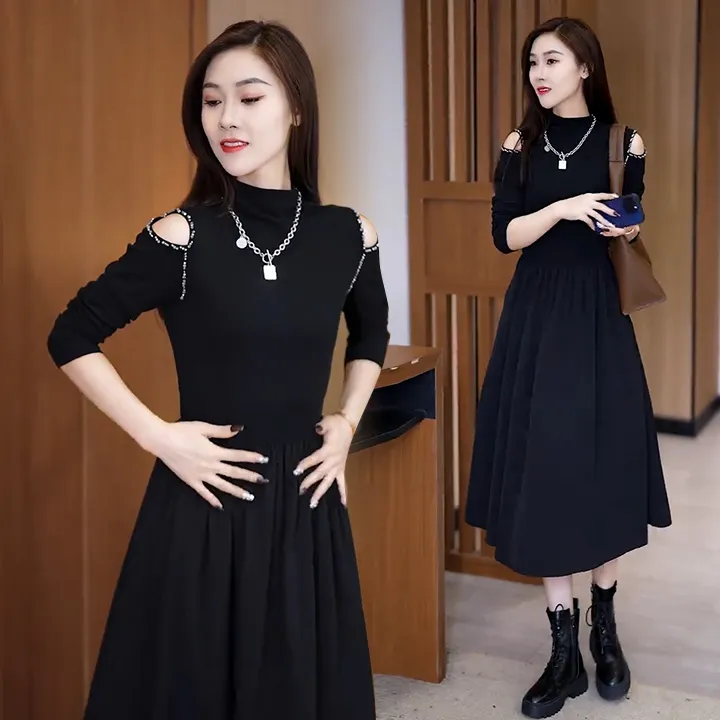 长袖连衣裙女装秋冬季2024新款时尚露肩长款收腰显瘦加厚打底裙子