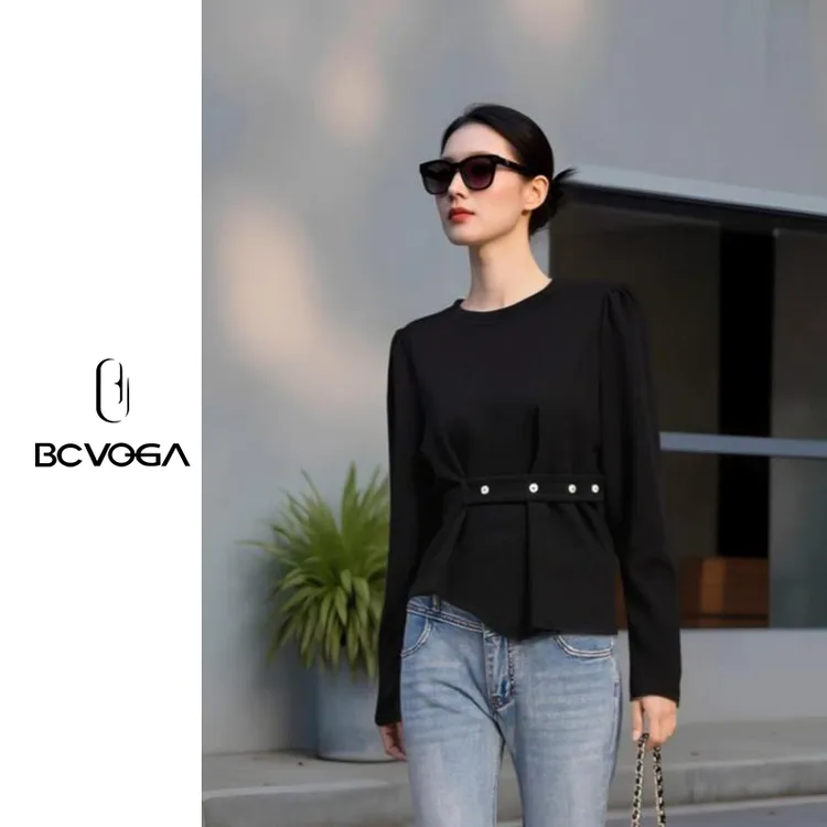 BAISI/百丝法式圆领纯色拉链黑色小众上衣气质长袖百搭春季衬衫