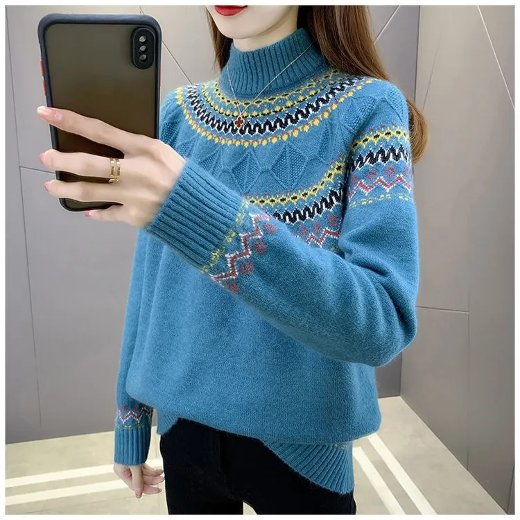 2025年秋冬季新款时尚宽松加厚绞花针织打底衫女装半高领女士毛衣