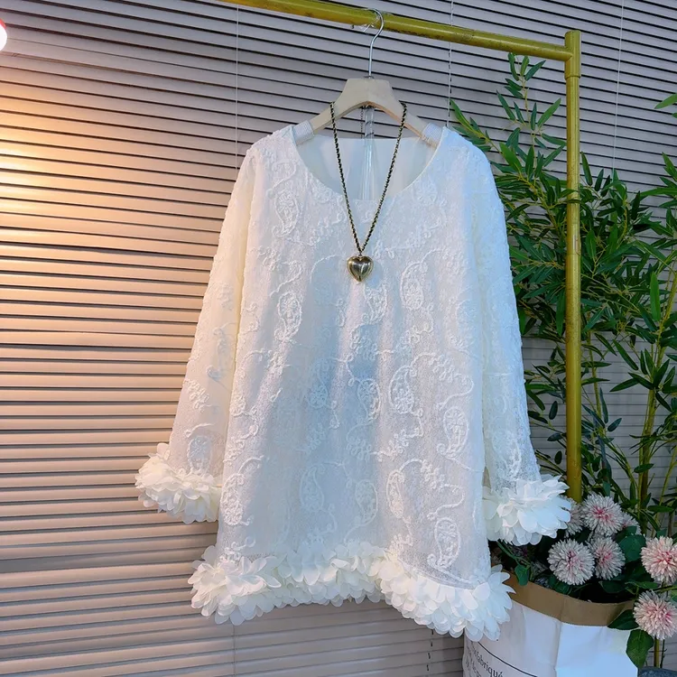 9083胖妹妹欧货韩范时尚宽松立体植绒花边底边精美设计感蕾丝裙