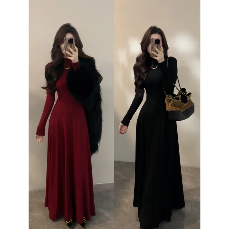【大婷婷】加绒半高领长袖秋冬气质显瘦纸片人内搭打底长裙DT1782