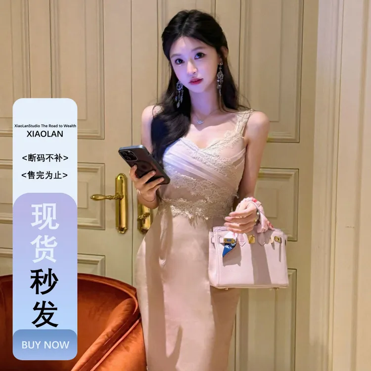 小岚同学「月光沙漏」法式夏季蕾丝花边气质显瘦小众设计感连衣裙