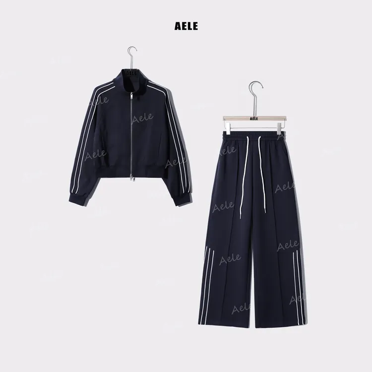 AELE立领拼接撞色条纹显瘦外套+裤子套装 D853 2681 AD