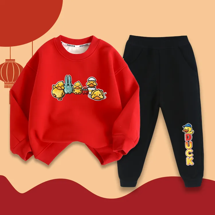 小黄鸭儿童秋冬加绒大红色卫衣过年喜庆男童可爱女童洋气长袖圆领