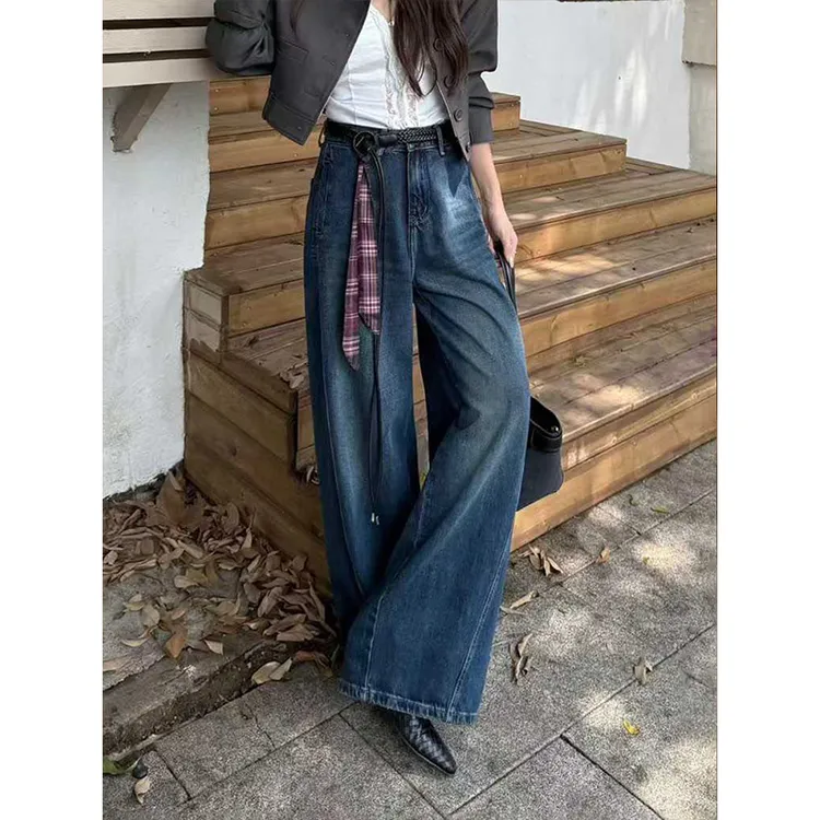2025秋季新款欧货宽松高腰阔腿牛仔裤女弯刀裤显瘦直筒长裤