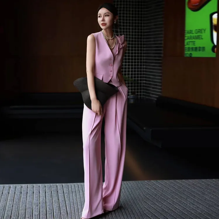 2025夏小众设计感女装修身花朵短马甲阔腿裤套装两件套气质女神范