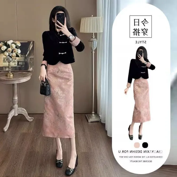 女御姐新款复古风开叉春季上衣套装新中式半身裙国风盘扣2025气
