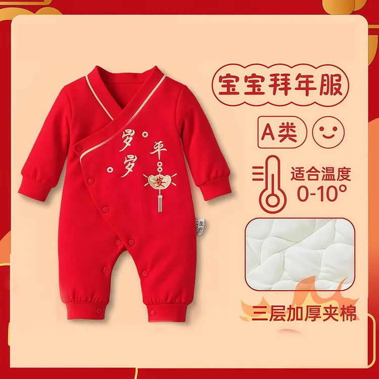 新年婴儿服秋冬新款过年喜庆衣服男女宝宝满月百天红色拜年连体衣