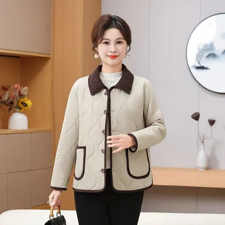 北极绒翻领保暖棉衣秋冬小香风棉服宽松休闲秋冬耐磨妈妈装 加绒