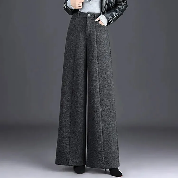 拉夏贝尔加厚毛呢阔腿裤女秋冬季2025新款宽松显瘦时尚高腰休闲裤