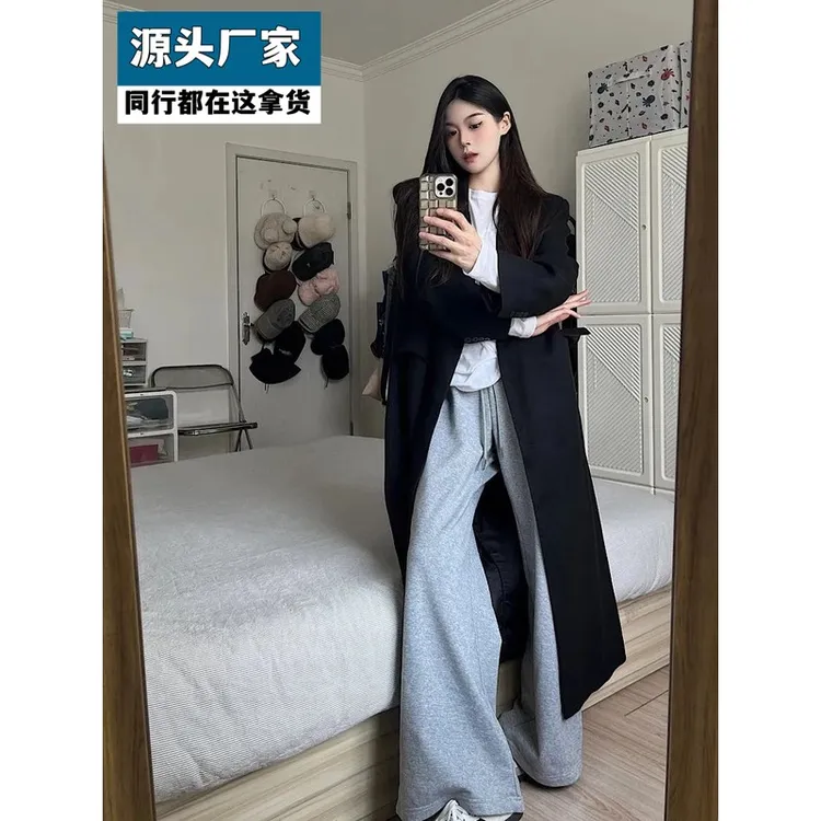 梵乐芬纯棉灰色阔腿运动裤女春夏秋冬季新款垂感裤子宽松直筒休闲