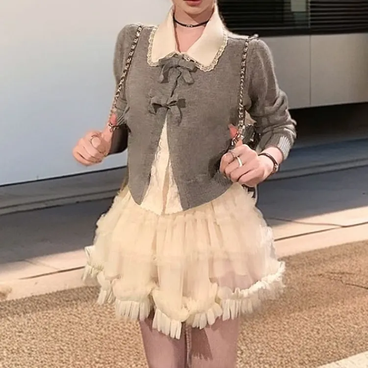 【月光玛德琳】ins小众设计感假两件蕾丝蝴蝶结针织衫配高腰半身裙