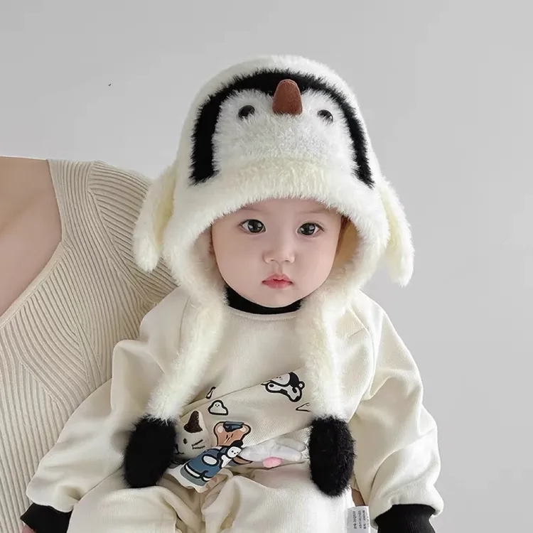 儿童可爱企鹅套头帽男女童宝宝秋冬季防风保暖毛线护耳帽搞怪会响