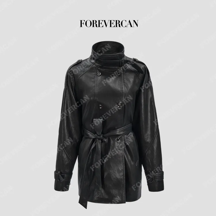 FOREVERCAN“姐感天菜”立裁大翻领收腰廓形皮衣风衣外套WC57306