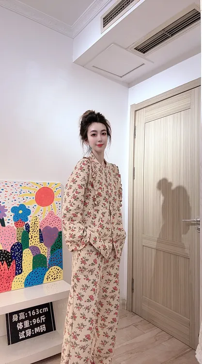 三层加棉纯棉空气层韩版保暖冬季套装显瘦立领套头女家居服