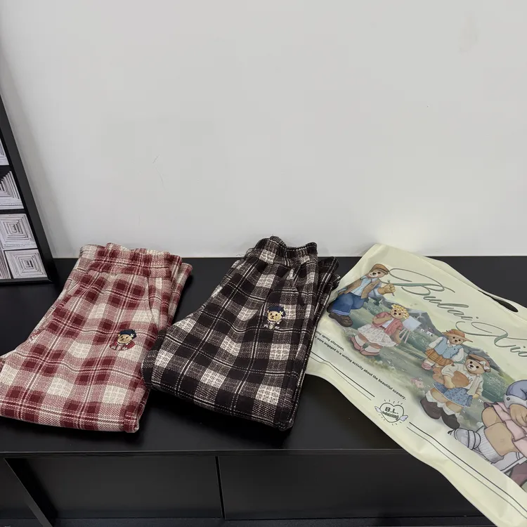 【暖格】儿童加绒格子保暖宽松女童窄版阔腿直筒裤