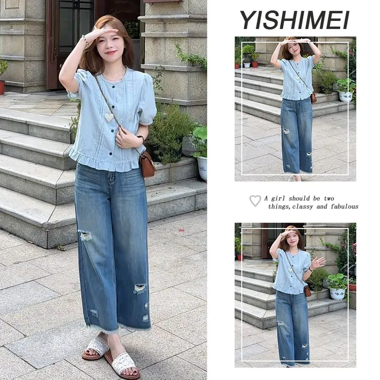 夏季时尚穿搭2025年新款韩系百搭简约短袖上衣显瘦牛仔裤两件套装