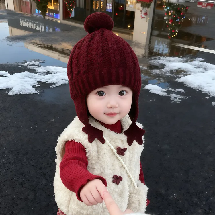 宝宝帽子冬天毛线帽可爱韩版星星加厚保暖护耳帽男女童防风针织帽