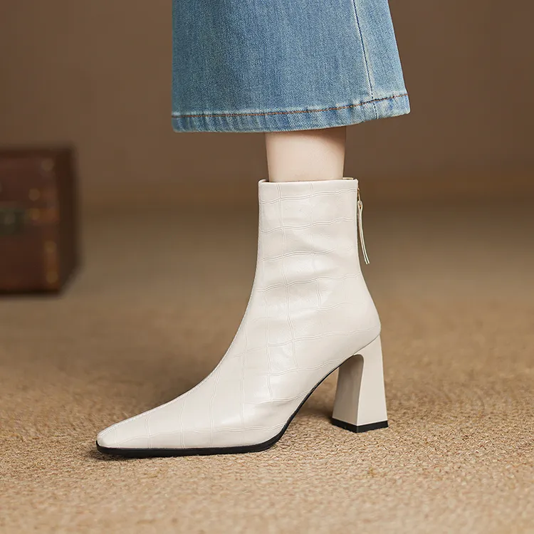 7.5cm方头高跟后拉链防滑短靴秋冬粗跟瘦瘦靴中跟百搭白色单靴子