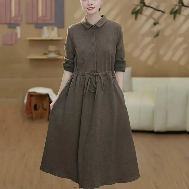 专柜金标-2025秋冬新款磨毛人字纹加厚连衣裙女中长款a字裙子2509