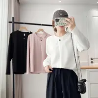 大码秋季极简风拼接女静奢风圆领长袖T恤宽松一粒扣内搭简约2563