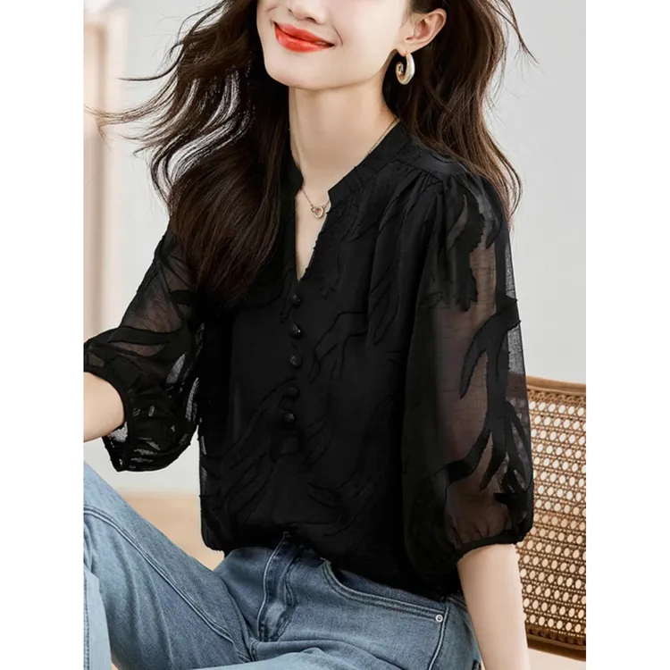 气质黑色短袖雪纺衫女夏装2025新款时尚洋气夏季蕾丝宽松遮肚上衣