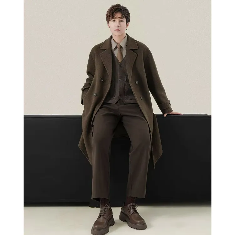 绵羊毛双排扣韩版双面呢大衣男士冬季宽松羊毛呢子百搭中长款外套