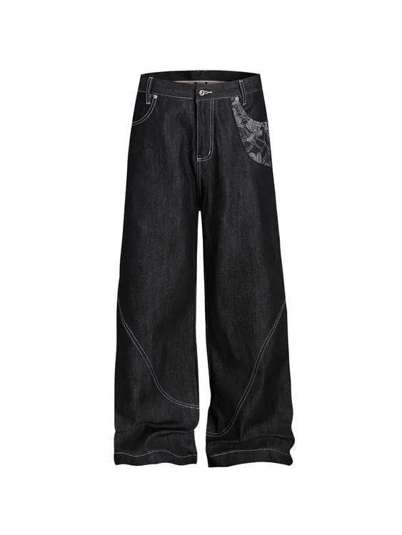 DRKK “青花瓷”原牛窄幅赤耳红边宽松提花拼接微喇牛仔裤长裤