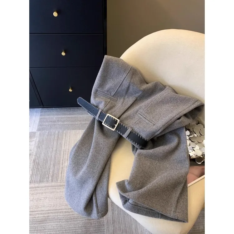 新品韩版休闲灰色加厚毛呢阔腿裤女装秋冬慵懒风垂感直筒拖地西裤