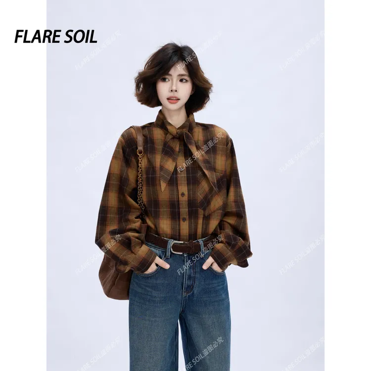 【FLARE SOIL】领结衬衫拼色格子设计师新款穿搭纽扣衬衫 T40000A