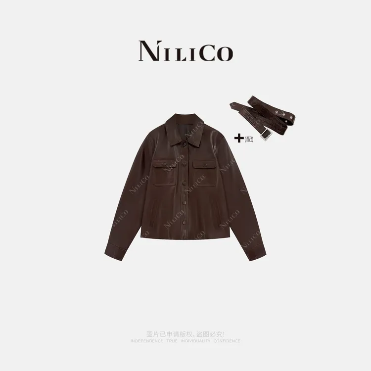 NILICO【自由穿行】进口100%绵羊皮质感修身气质老钱风皮衣外套