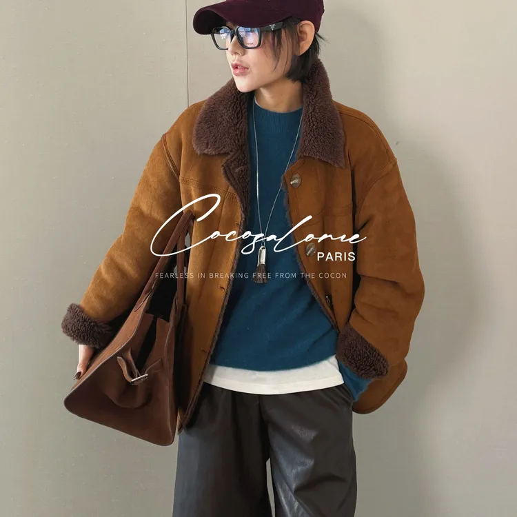 韩彬彬"可颂"100颗粒羊毛双面穿麂皮绒自发热极简拼皮外套3025-8