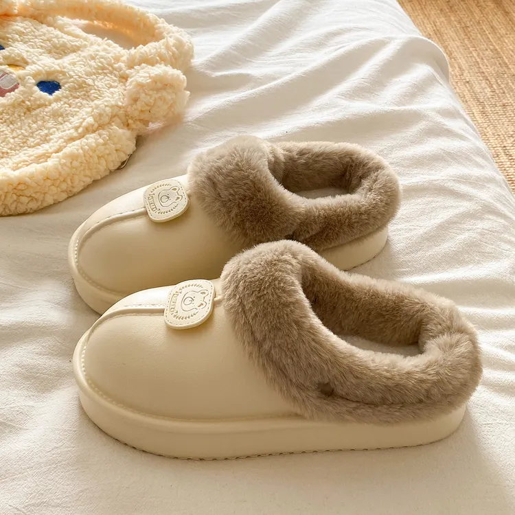 厚底增高卡通小熊棉拖鞋女士2025新款防水棉拖鞋外穿加绒情侣拖