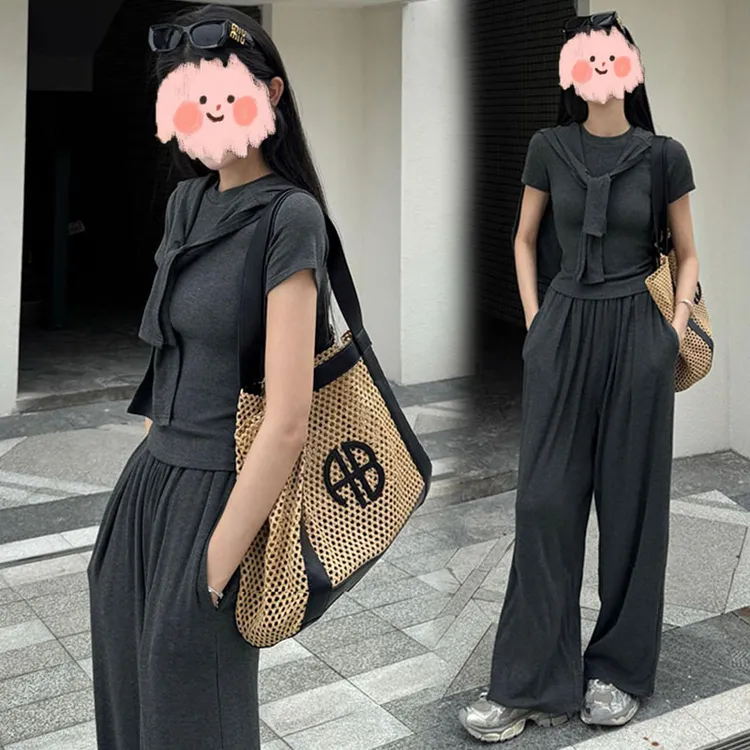 2025夏季新款修身显瘦T恤休闲阔腿裤披肩三件套女士气质时尚套装