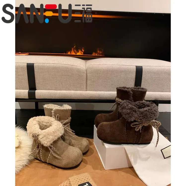 三福费尔岛~6cm增高真皮羊毛雪地靴女加绒2025年冬季棉鞋勃肯鞋女